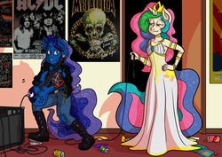 Size: 900x637 | Tagged: safe, artist:tonibabelony, princess celestia, princess luna, human, g4, ac/dc, amplifier, clothes, dress, electric guitar, guitar, hard rock, heavy metal, horn, horned humanization, humanized, it's not a phase, jacket, leather jacket, metallica, musical instrument, poster, rock (music), trash
