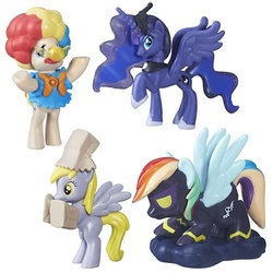 Size: 500x500 | Tagged: safe, derpy hooves, mayor mare, princess luna, rainbow dash, pegasus, pony, g4, afro, clothes, clown, clown nose, costume, doll, female, friendship is magic collection, mare, nightmare night, paper bag wizard, shadowbolt dash, shadowbolts, shadowbolts costume, simple background, toy, white background