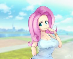 Size: 938x756 | Tagged: safe, artist:moxaji, fluttershy, human, g4, breasts, busty fluttershy, clothes, female, humanized, looking at you, smiling, solo, tank top