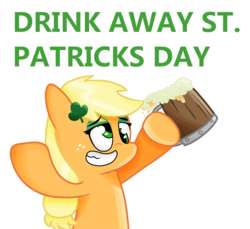 Size: 2859x2624 | Tagged: safe, artist:laserpewpewrblx, applejack, earth pony, pony, g4, alcohol, beer, cider, clover, derp, drunk, drunk aj, eyeshadow, female, food, freckles, green, high res, makeup, mare, saint patrick's day, smiling, solo, text