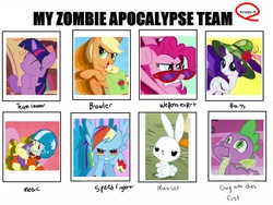 Size: 2048x1536 | Tagged: safe, angel bunny, applejack, fluttershy, pinkie pie, rainbow dash, rarity, spike, twilight sparkle, g4, angry, armor, clapping, flower, glasses, paint, panels, spikeabuse, zombie apocalypse team