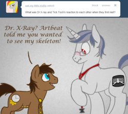Size: 700x625 | Tagged: safe, artist:aisu-isme, oc, oc only, oc:dr. x-ray, oc:tick tock, cyborg, ask the creepy ponies, blushing, colt, glasses, male, scrunchy face