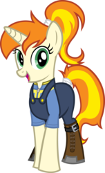 Size: 1766x2913 | Tagged: safe, artist:outlawedtofu, oc, oc only, oc:greaser, pony, unicorn, fallout equestria, boots, clothes, overalls, ponytail, simple background, tail wrap, transparent background, vector