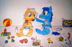 Size: 2323x1538 | Tagged: safe, artist:saxpony, oc, oc only, oc:skaj, oc:steel wing, pegasus, pony, baby, baby bottle, baby pony, blocks, boop, cute, diaper, foal, pacifier, plushie, smiling, toy