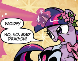 Size: 408x320 | Tagged: safe, artist:brendahickey, twilight sparkle, idw, spoiler:comic, spoiler:comic40, bad dragon, beam, comic, female, filly, filly twilight sparkle, implied spike, magic, out of context, solo