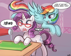 Size: 750x590 | Tagged: safe, artist:lumineko, rainbow dash, rarity, pegasus, pony, unicorn, g4, 30 minute art challenge, censored vulgarity, dialogue, duo, exclamation point, female, flying, glasses, grawlixes, mare, open mouth, patreon, pinch, saint patrick's day, sewing machine, speech bubble, we don't normally wear clothes