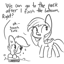 Size: 792x792 | Tagged: safe, artist:tjpones, rainbow dash, scootaloo, pegasus, pony, g4, abuse, black and white, cleaning, dialogue, ear fluff, grayscale, monochrome, scootabuse, simple background, white background