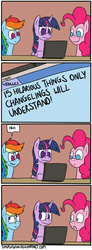 Size: 950x2572 | Tagged: safe, artist:timsplosion, pinkie pie, rainbow dash, twilight sparkle, alicorn, earth pony, pegasus, pony, g4, comic, computer, implied changeling, no pupils