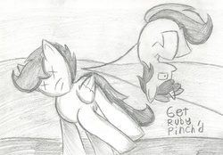 Size: 1280x891 | Tagged: safe, artist:bronyguard, ruby pinch, scootaloo, g4, 30 minute art challenge, monochrome, traditional art, x eyes