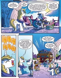 Size: 577x741 | Tagged: safe, artist:tony fleecs, idw, prince blueblood, shining armor, pony, unicorn, friends forever #26, g4, my little pony: friends forever, spoiler:comic, laughing, male, palanquin, stallion, unnamed character, unnamed pony