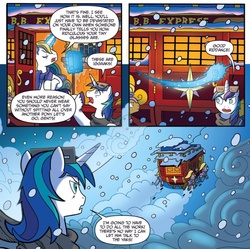 Size: 863x859 | Tagged: safe, artist:tony fleecs, idw, prince blueblood, shining armor, pony, friends forever #26, g4, my little pony: friends forever, spoiler:comic, male, palanquin, snow goggles, stallion, unnamed character, unnamed pony