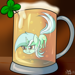 Size: 1700x1700 | Tagged: safe, artist:novaspark, lyra heartstrings, pony, unicorn, g4, alcohol, beer, chibi, clover, cup of pony, female, food, four leaf clover, mare, micro, saint patrick's day, solo