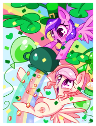 Size: 1200x1575 | Tagged: safe, artist:ipun, oc, oc only, oc:cuddle bug, oc:moonlight blossom, pegasus, pony, balloon, blushing, clover, cupcake, female, food, gold, hat, heart, heart eyes, mare, pot of gold, rainbow, saint patrick's day, wingding eyes