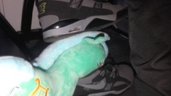 Size: 1024x576 | Tagged: safe, artist:onlyfactory, lyra heartstrings, human, g4, abuse, bootleg, characters inside shoes, irl, irl human, lyrabuse, nike, photo, plushie, shoes