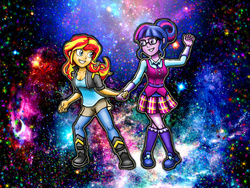 Size: 1024x768 | Tagged: safe, artist:mentalmongloid, sci-twi, sunset shimmer, twilight sparkle, equestria girls, equestria girls specials, g4, my little pony equestria girls: dance magic, my little pony equestria girls: friendship games, dancing, female, galaxy, holding hands, lesbian, ship:sci-twishimmer, ship:sunsetsparkle, shipping, smiling, sparkles, zettai ryouiki