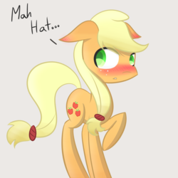 Size: 2000x2000 | Tagged: safe, artist:notten1, applejack, g4, blushing, cute, dialogue, female, floppy ears, hatless, high res, missing accessory, raised hoof, simple background, solo