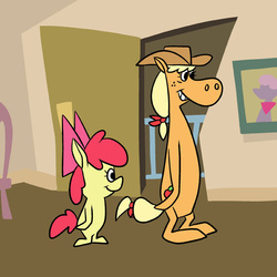 Size: 576x576 | Tagged: safe, artist:pembroke, apple bloom, applejack, earth pony, horse, pony, g4, baba looey, bipedal, hanna barbera, horsified, quick draw mcgraw, style emulation, uncanny valley, wat, what has science done, why