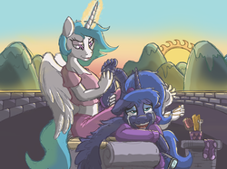 Size: 1111x833 | Tagged: safe, artist:caroo, princess celestia, princess luna, anthro, plantigrade anthro, g4, alternate design, balcony, barefoot, clothes, colored, comb, couch, crying, feet, female, fetish, foot fetish, fork, glasses, hairbrush, jewelry, laughing, midriff, mountain, shading, short shirt, sketch, smug, socks, soles, sun, sunrise, tears of laughter, tickle torture, tickling, toe ring, toes, tools, younger