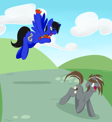 Size: 4300x4700 | Tagged: safe, artist:inktwist, artist:inktwistfudge, artist:inktwiststudio, oc, oc only, oc:argentum, oc:tony, pegasus, pony, unicorn, absurd resolution, chase, food, male, stallion, tomato