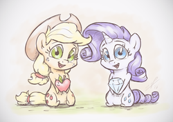 Size: 1440x1018 | Tagged: safe, artist:assasinmonkey, applejack, rarity, g4, apple, chibi, cute, diamond, female, food, lesbian, ship:rarijack, shipping