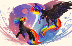 Size: 1024x663 | Tagged: safe, artist:aquagalaxy, nightmare moon, oc, pony, unicorn, g4, flying, yin-yang