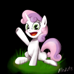 Size: 1130x1130 | Tagged: safe, artist:mizore43, sweetie belle, g4, female, sitting, solo, waving