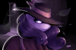 Size: 1300x854 | Tagged: safe, artist:drbdnv, rarity, pony, g4, rarity investigates, clothes, detective, detective rarity, female, hat, leaf, mare, solo, streetlight