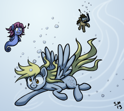 Size: 970x864 | Tagged: safe, artist:serenamidori, derpy hooves, doctor whooves, time turner, pegasus, pony, sea pony, g4, female, mare, swimming, underwater, water