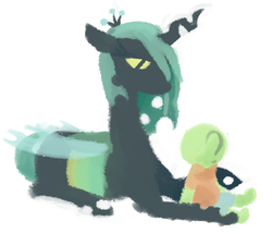 Size: 873x751 | Tagged: safe, artist:nobody, queen chrysalis, oc, oc:anon, changeling, changeling queen, human, g4, bugmom, female, kid anon, lineless, mommy chrissy, not salmon, wat, wtf