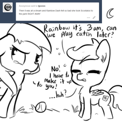 Size: 792x792 | Tagged: safe, artist:tjpones, rainbow dash, scootaloo, pegasus, pony, g4, adventure in the comments, apology, baseball, black and white, chest fluff, crying, dialogue, ear fluff, grayscale, it was all a dream, monochrome, moon, scootalove, simple background, sleepy, teary eyes, tired, tumblr, what a twist, white background