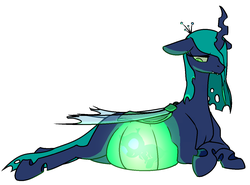Size: 1260x934 | Tagged: safe, artist:nobody, queen chrysalis, changeling, changeling queen, nymph, g4, belly, cute, cutealis, cuteling, female, female focus, glowing belly, happy, mommy chrissy, mother and child, pregnant, queen pregalis, see-through, simple background, smiling, solo focus, translucent belly, transparent belly, transparent flesh, white background