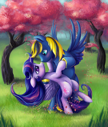 Size: 1425x1675 | Tagged: safe, artist:stasushka, twilight sparkle, oc, oc:zephyr, alicorn, pegasus, pony, g4, bipedal, canon x oc, cherry blossoms, cherry tree, dancing, duo, female, flower, flower blossom, male, shipping, straight, tree, twilight sparkle (alicorn), twiphyr