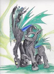 Size: 1701x2318 | Tagged: safe, artist:scribblepwn3, queen chrysalis, changeling, changeling queen, g4, antagonist, crown, female, jewelry, pen drawing, regalia, traditional art, watercolor painting