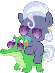 Size: 786x1042 | Tagged: safe, artist:red4567, gummy, hoity toity, pony, g4, baby, baby pony, cute, pacifier, ponies riding gators, recolor, riding, sunglasses, weapons-grade cute