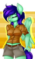 Size: 1185x2000 | Tagged: safe, artist:shyshyoctavia, oc, oc only, oc:emerald dust, pegasus, anthro, belt, clothes, shirt, shorts, solo, wink