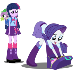 Size: 3310x3190 | Tagged: safe, artist:spellboundcanvas, rarity, spike, twilight sparkle, dog, human, equestria girls, g4, my little pony equestria girls, backpack, boots, clothes, cutie mark on clothes, female, high res, male, open mouth, ship:sparity, shipping, simple background, skirt, spike the dog, straight, transparent background, vector