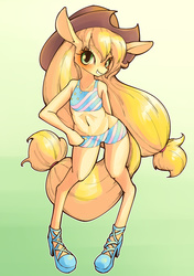 Size: 2039x2894 | Tagged: safe, artist:unousaya, applejack, earth pony, anthro, unguligrade anthro, g4, arm hooves, belly button, bikini, clothes, female, grin, high res, midriff, solo, swimsuit