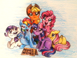 Size: 1157x864 | Tagged: safe, artist:buttersprinkle, applejack, fluttershy, pinkie pie, rainbow dash, rarity, twilight sparkle, g4, adoption, blank flank, colored pencil drawing, cute, looking up, mane six, pen drawing, smiling, traditional art, younger