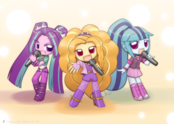 Size: 1407x1000 | Tagged: safe, artist:howxu, adagio dazzle, aria blaze, sonata dusk, human, equestria girls, g4, abstract background, adoragio, ariabetes, chibi, cute, cute little fangs, dazzlebetes, eye clipping through hair, eyelashes, female, hairband, high heels, howxu is trying to murder us, looking at you, microphone, pigtails, ponytail, shoes, singing, sonatabetes, the dazzlings, trio, trio female
