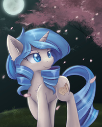 Size: 3600x4500 | Tagged: safe, artist:ardail, oc, oc only, oc:opuscule antiquity, pony, unicorn, cherry blossoms, female, mare, moon, night, solo, tree