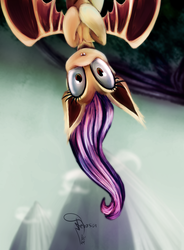 Size: 1400x1900 | Tagged: safe, artist:ferasor, fluttershy, bat pony, pony, g4, female, flutterbat, looking at you, solo, upside down