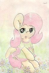 Size: 683x1028 | Tagged: safe, artist:slightlyshade, fluttershy, g4, clothes, dress, female, flower, sitting, solo, traditional art