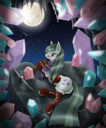 Size: 1125x1350 | Tagged: safe, artist:szafir87, marble pie, g4, clothes, crystal, female, full moon, gem, moon, night, pickaxe, scarf, sky, solo, starry night, stars, stupid sexy marble pie