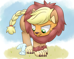 Size: 1280x1024 | Tagged: safe, artist:gamijack, angel bunny, applejack, g4, >:3, applelion, clothes, costume