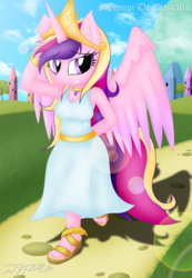 Size: 2378x3439 | Tagged: safe, artist:iflysna94, princess cadance, anthro, plantigrade anthro, g4, clothes, crystal empire, dress, feet, female, high res, necklace, sandals, shoes, smiling, solo