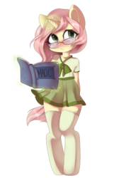 Size: 1591x2466 | Tagged: safe, artist:yukomaussi, oc, oc only, semi-anthro, arm hooves, book, clothes, glasses, magic, school uniform, socks, solo, stockings, thigh highs