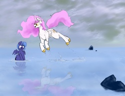 Size: 3731x2864 | Tagged: safe, artist:greyscaleart, princess celestia, princess luna, g4, cute, cutelestia, high res, lunabetes, pink-mane celestia, royal sisters, s1 luna, sisters, swimming, wrong eye color, younger