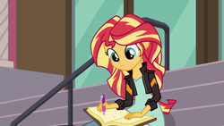 Size: 1280x720 | Tagged: safe, screencap, sunset shimmer, equestria girls, g4, my little pony equestria girls: friendship games, book, female, solo, writing