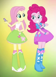 Size: 408x560 | Tagged: safe, screencap, fluttershy, pinkie pie, equestria girls, g4, my little pony equestria girls: friendship games, boots, clothes, cropped, female, high heel boots, high heels, skirt, tank top