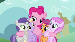 Size: 1280x720 | Tagged: safe, screencap, dinky hooves, pinkie pie, piña colada, scootaloo, tornado bolt, earth pony, pegasus, pony, unicorn, a friend in deed, g4, bipedal, cute, female, filly, grin, happy, hug, imminent foalcon, lidded eyes, lip bite, mare, open mouth, out of context, piña cutelada, scootalove, smiling, squee, stranger danger